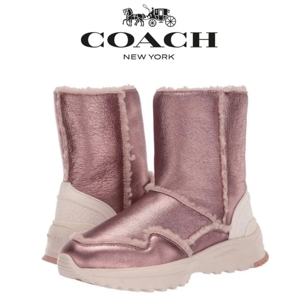 NEW Coach Portia Cold Weather Bootie Pink Metallic Rose Gold Shearling Boot 5